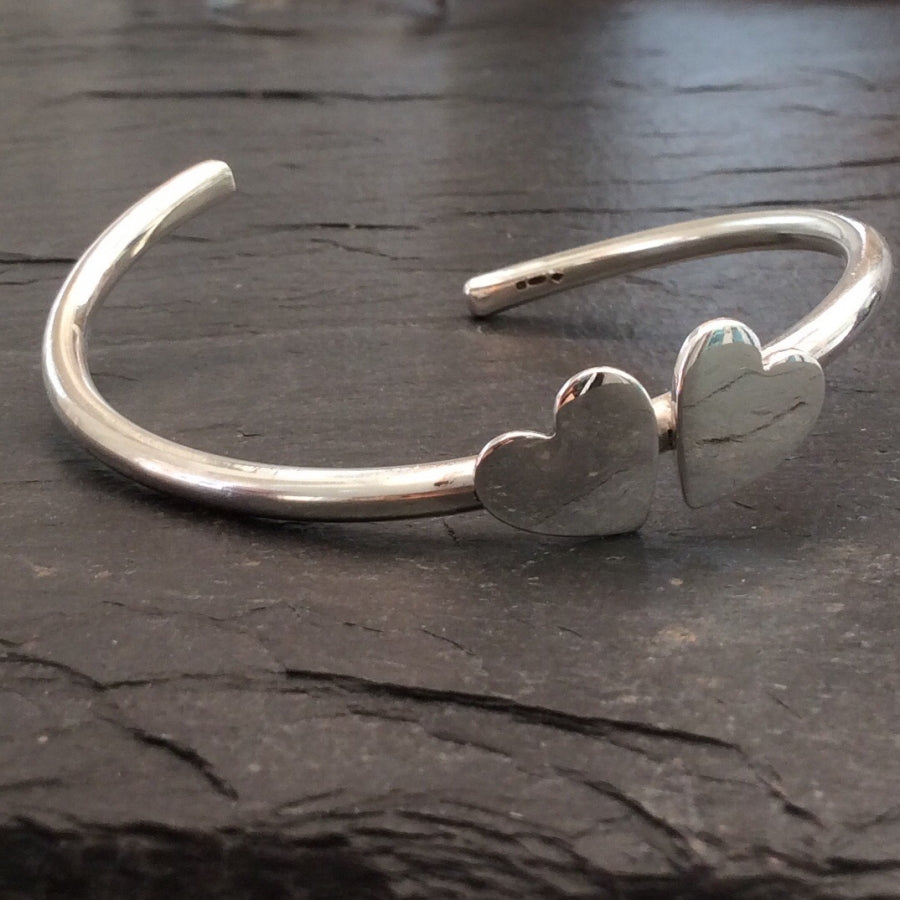 Two Heart Cuff Bracelet - Joined Heart Solid Sterling Silver Bangle high quality