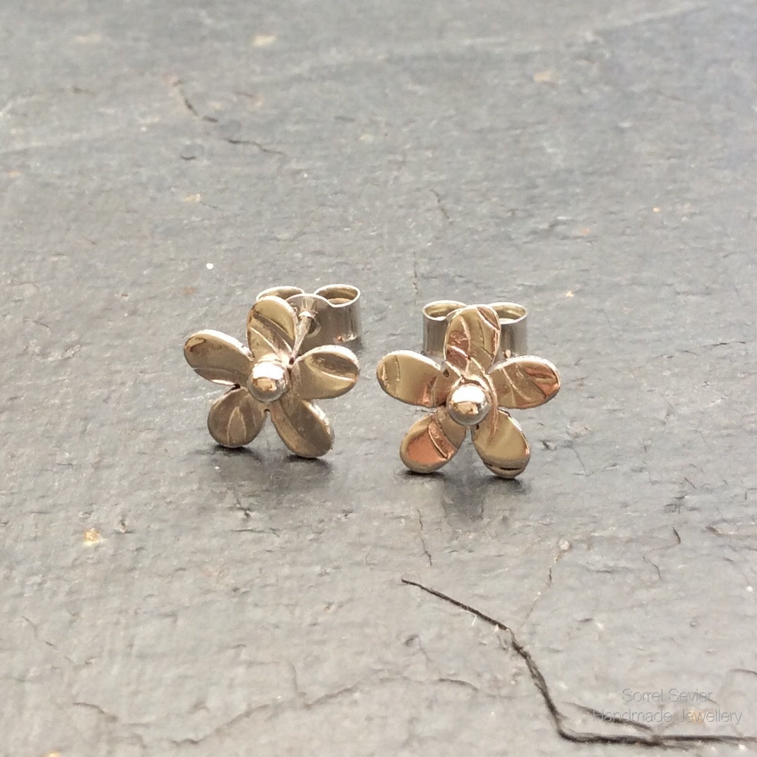 Textured Flower Stud Earrings with Silver Centre