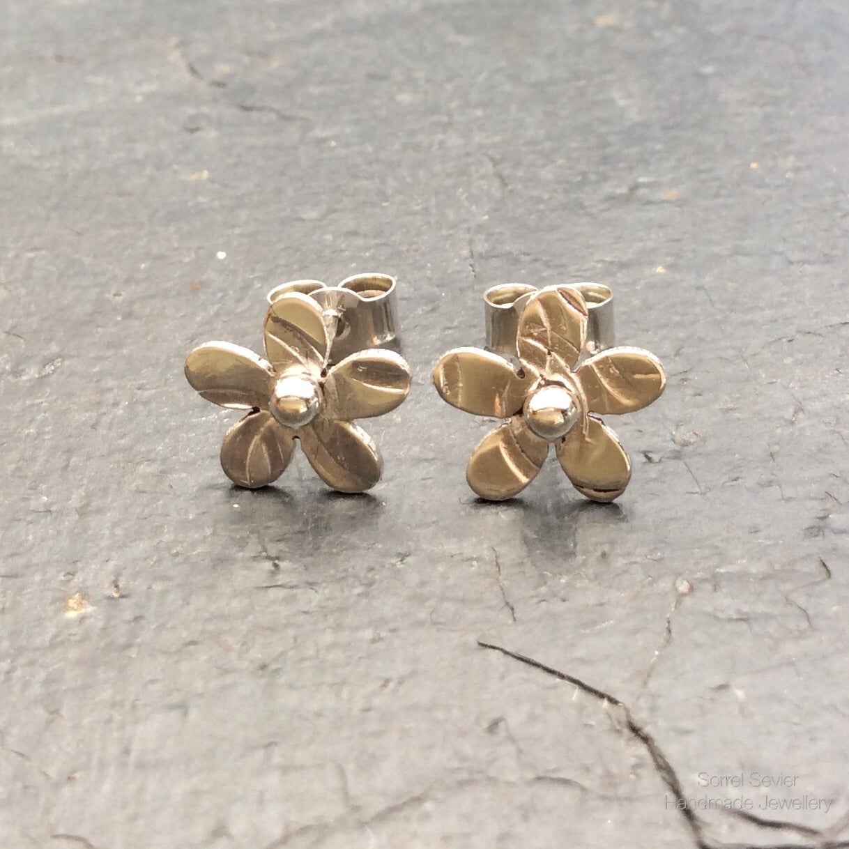 Textured Flower Stud Earrings with Silver Centre