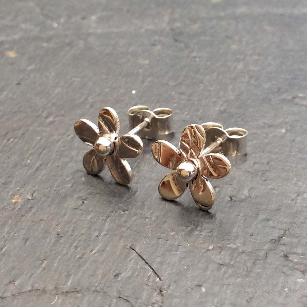 Textured Flower Stud Earrings with Silver Centre