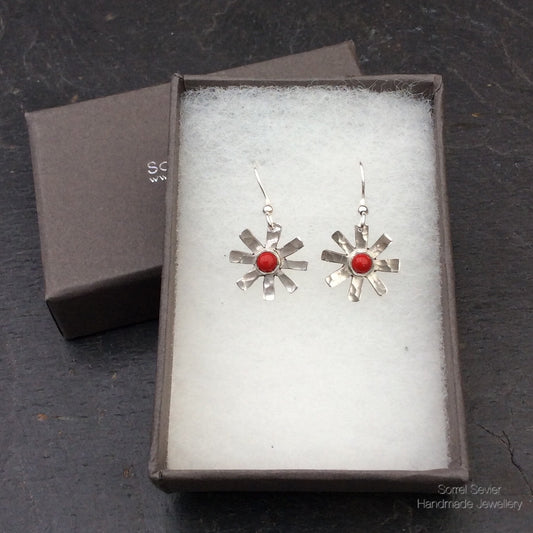 Red Coral Flower Dangle Earrings