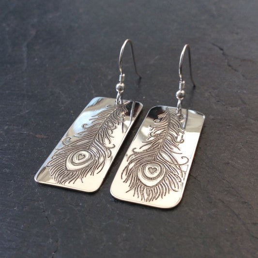 Peacock Feather Rectangle Dangle Earrings